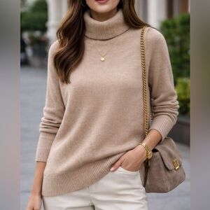 Chicos Sweater Womens Medium Beige 100% Cashmere Turtleneck Long Sleeve Pullover